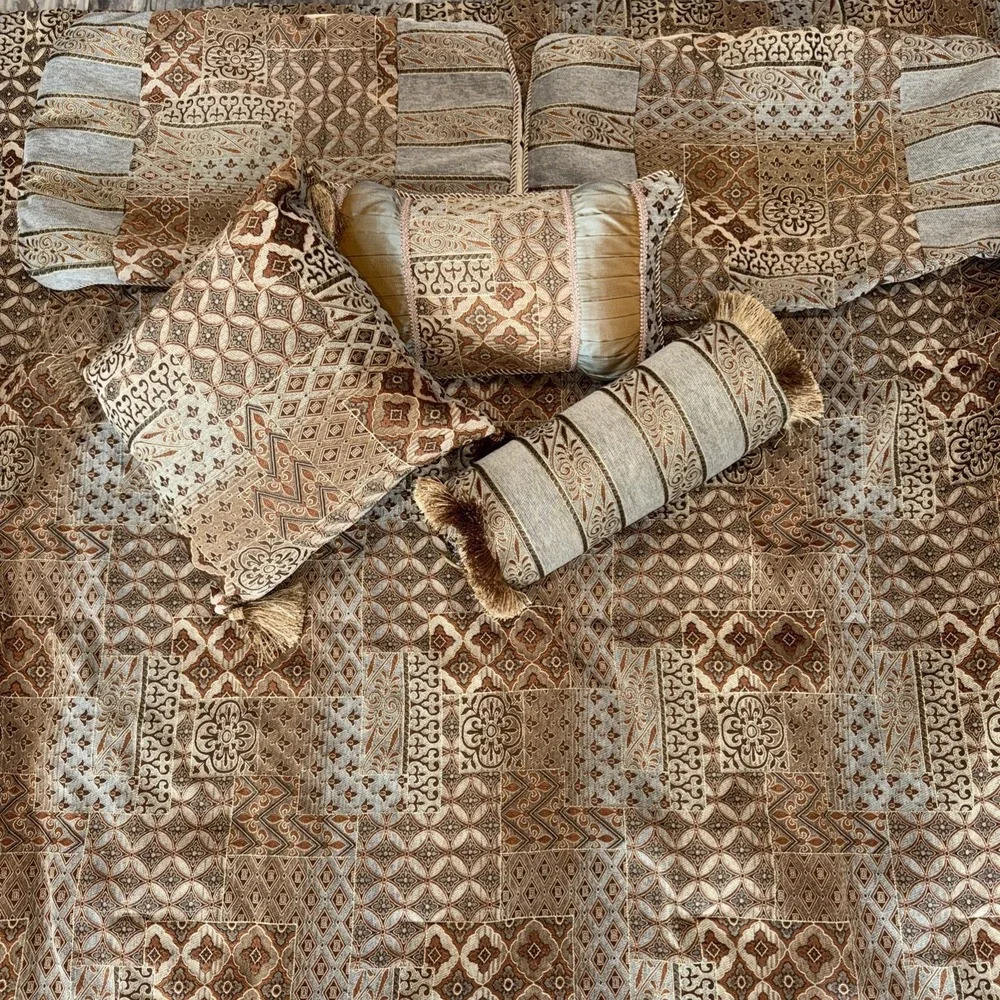 Vintage Brocade Fabric Bedspread Queen Shams Decorative Pillows Gold Tan Browns